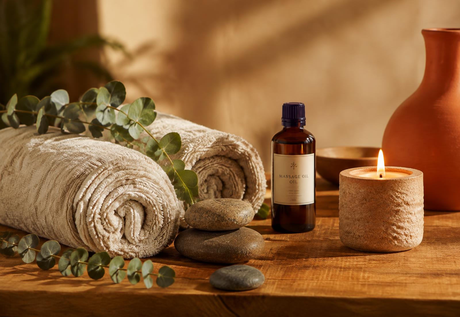 Warm towels, stones, oil and candle